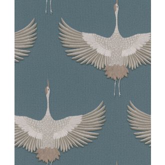   Ég felé törő "hímzett" darvak - minimalista faldekoráció textil háttéren kék krém bézs barna és rézszín tónus tapéta