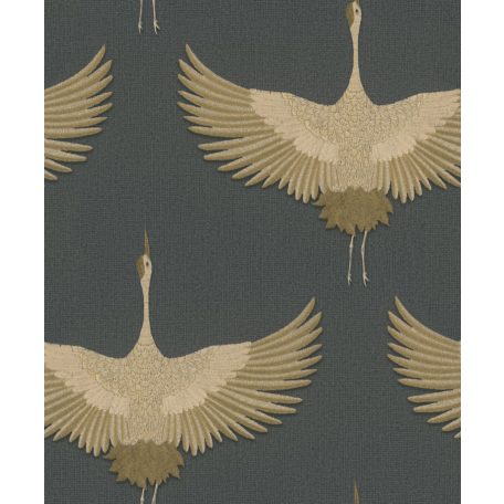 Ég felé törő "hímzett" darvak - minimalista faldekoráció textil háttéren antracit bézsarany és arany tónus tapéta