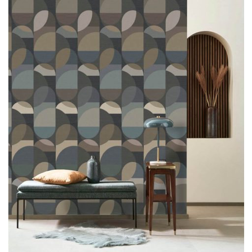 "Szines buborékok" Körök félkörök geometriai kompozíciója 3D struktúra faszénfekete barna szürkésbarna türkiz és szürke tónus tapéta