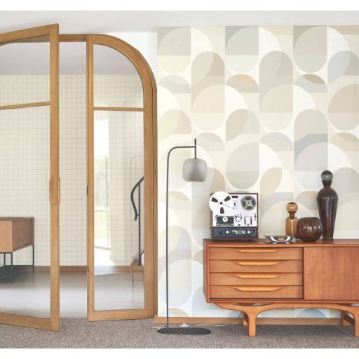 "Szines buborékok" Körök félkörök geometriai kompozíciója 3D struktúra natur színek - krémfehér bézs barna és szürkéskék tónus tapéta