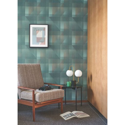 Egymásra helyezett precíz geometriai formák kompozíciója 3D habfelvitel smaragdzöld barna kékeszöld és szürke/szürkészöld tapéta