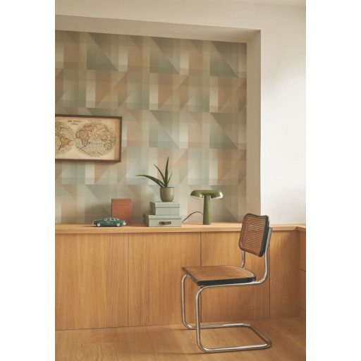 Egymásra helyezett precíz geometriai formák kompozíciója 3D habfelvitel mandulazöld szürkészöld és terrabarna tónus tapéta