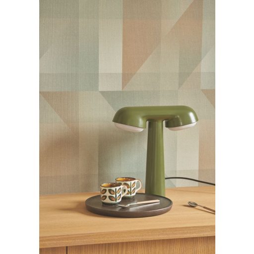 Egymásra helyezett precíz geometriai formák kompozíciója 3D habfelvitel mandulazöld szürkészöld és terrabarna tónus tapéta