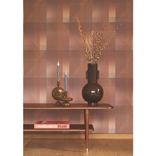 Egymásra helyezett precíz geometriai formák kompozíciója 3D habfelvitel rozsdaszín barna lila mályva és rózsaszín tónus tapéta