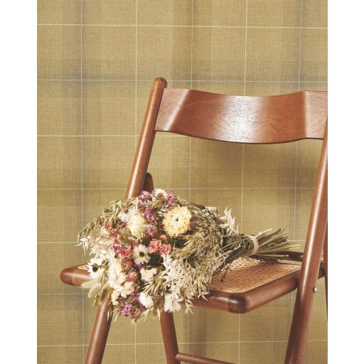 Tartan (skót) kockás brit minta egymást átfedő vonalak grafikai játékával okkersárga barna szürke és bézs tónus tapéta