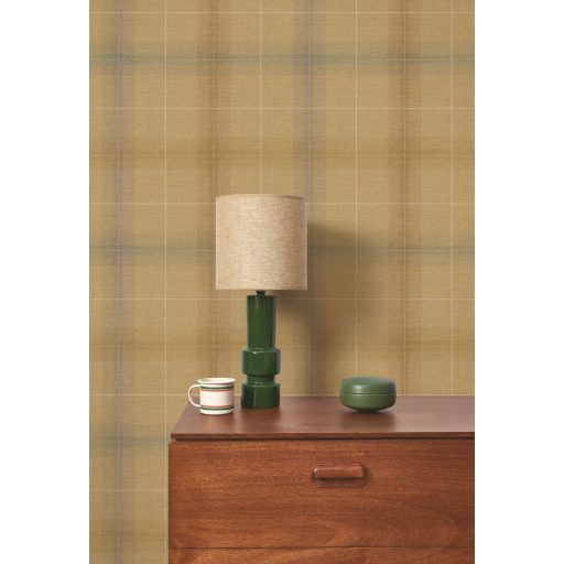 Tartan (skót) kockás brit minta egymást átfedő vonalak grafikai játékával okkersárga barna szürke és bézs tónus tapéta