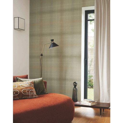 Tartan (skót) kockás brit minta egymást átfedő vonalak grafikai játékával khakizöld/szürkészöld barna és szürke tónus tapéta