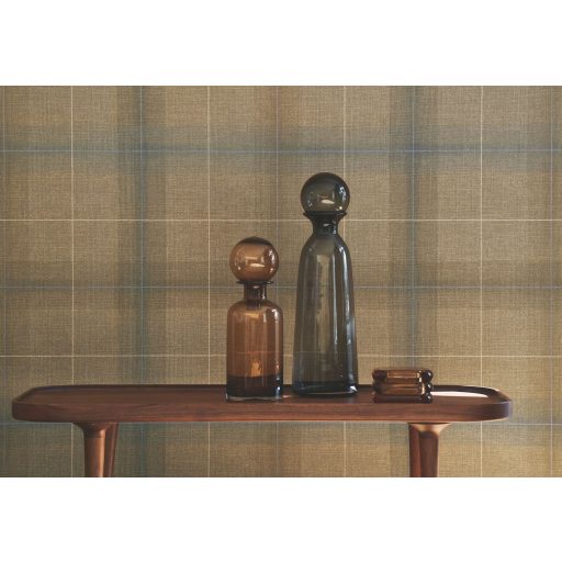 Tartan (skót) kockás brit minta egymást átfedő vonalak grafikai játékával dohánybarna szürkésbarna bézs barna és kék tónus tapéta