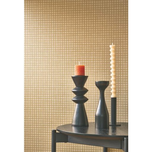 Kézműves megjelenésű klasszikus kockás pamutszőttes minta okker és okkerbarna tónus tapéta