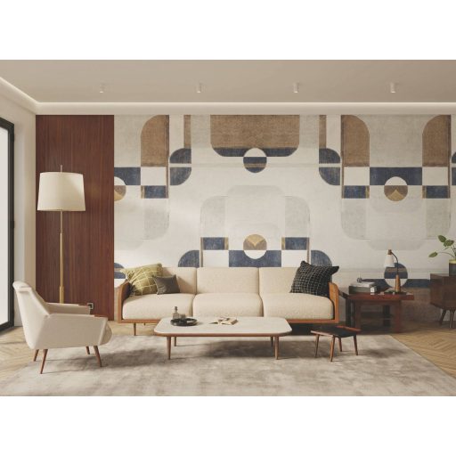 Glamour és geometria ötvözete! Látványos panoráma - ívek körök és gyönyörű árnyalatok "S" világosszürke tintakék dohány és sárga falpanel