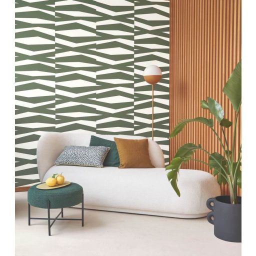 Modern design és kreatív játék! Akár zebracsíkra emlékeztető szaggatott sávok grafikai mintája krémszín és fenyőzöld tónus tapéta