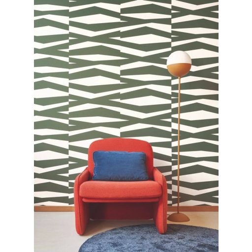 Modern design és kreatív játék! Akár zebracsíkra emlékeztető szaggatott sávok grafikai mintája krémszín és fenyőzöld tónus tapéta