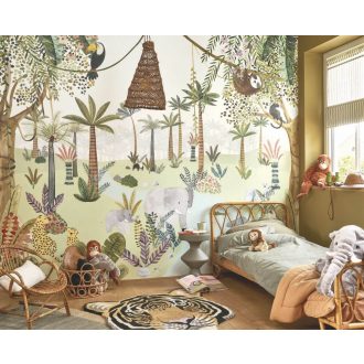   Minden nap a dzsungel állataival és növényeivel fali panoráma "M" fehér zöld barna és sokszínű tónus falpanel