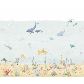   Sárga tengeralattjáróval az óceán mélyén (nem Beatles és nem Cousteau) panoráma "L" vízkék sárga és sokszínű tónus falpanel