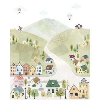   Kies dombok között meghúzódó kisváros házai panorámakép "M" fehér zöld és sokszínű tónus falpanel