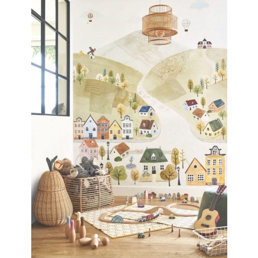 Kies dombok között meghúzódó kisváros házai panorámakép "M" fehér zöld és sokszínű tónus falpanel