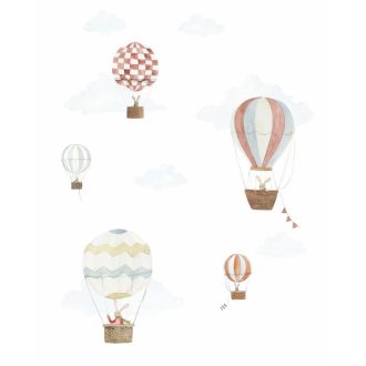   Hőlégballonnal kirándul az egércsalád látványos égi panoráma "L" fehér barna kék és sokszínű tónus falpanel