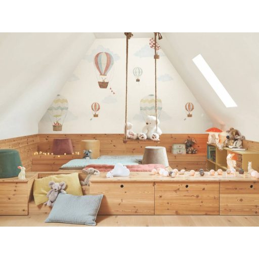 Hőlégballonnal kirándul az egércsalád látványos égi panoráma "L" fehér barna kék és sokszínű tónus falpanel