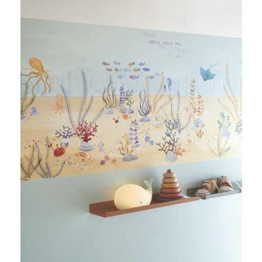 Víz alatti élővilág fantasztikus kompozíció korallok medúzák polipok halak-halrajok vízkék sárga és sokszínű tónus bordűr