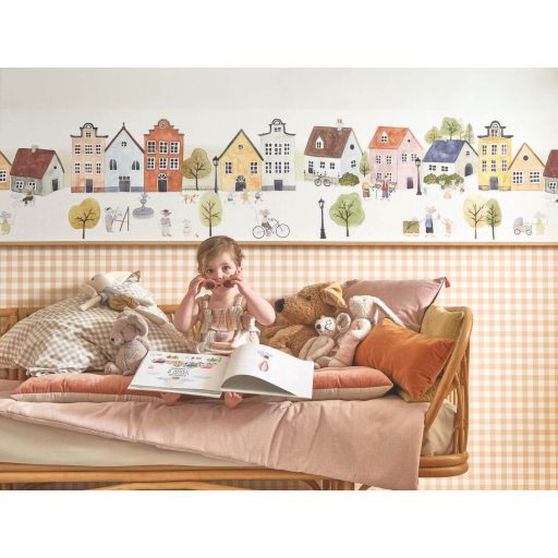 Festői kisváros bájos főutcája egércsaládokkal fehér szürke és sokszínű tónus bordűr