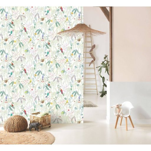 Trópusi erdő rejtelmeinek felfedezése digitális nyomású panoráma fehér és sokszínű tónus tapéta