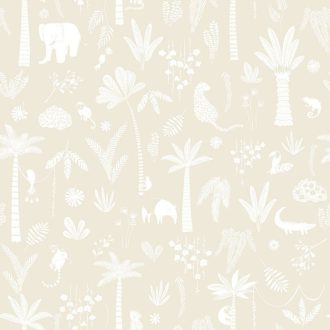   Egzotikus állatok és növények könnyed poetikus megjelenítésben bézs és fehér tónus tapéta