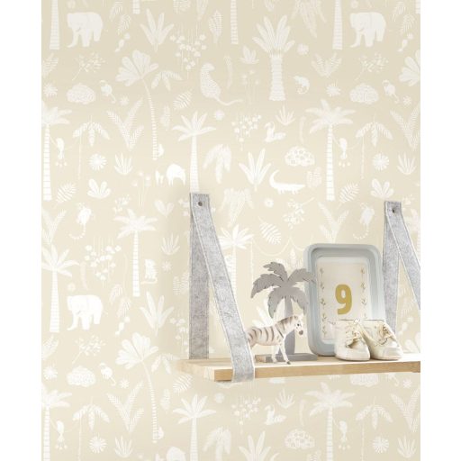 Egzotikus állatok és növények könnyed poetikus megjelenítésben bézs és fehér tónus tapéta