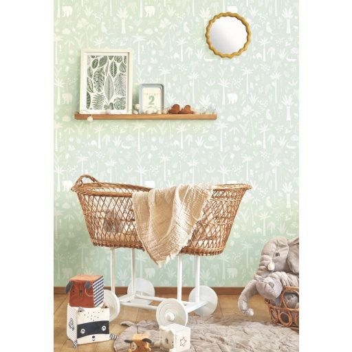 Egzotikus állatok és növények könnyed poetikus megjelenítésben vízzöld és fehér tónus tapéta