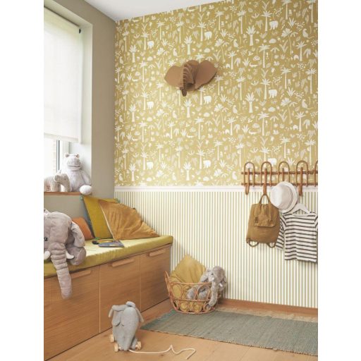 Egzotikus állatok és növények könnyed poetikus megjelenítésben olívzöld/sárgászöld és fehér tónus tapéta