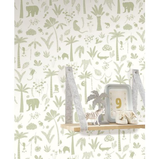 Egzotikus állatok és növények könnyed poetikus megjelenítésben fehér és levélzöld tónus tapéta