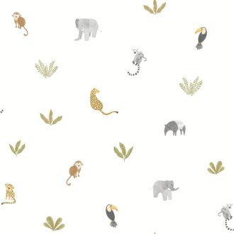   Imádnivaló kis dzsugel állatok akár egy gyermekversben fehér szürke levélzöld és sokszínű tónus tapéta