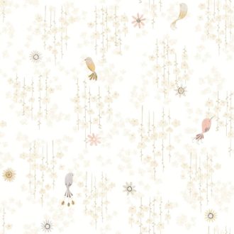   Tündéri egzotikus kis madarak a "virágos tető" alatt natur színek - krémfehér bézs szürke szürkésbézs és rózsaszín tónus tapéta