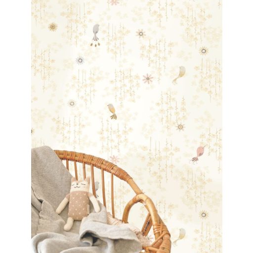 Tündéri egzotikus kis madarak a "virágos tető" alatt natur színek - krémfehér bézs szürke szürkésbézs és rózsaszín tónus tapéta