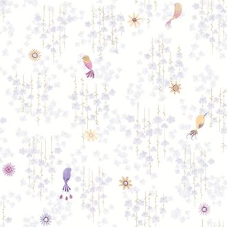   Tündéri egzotikus kis madarak a "virágos tető" alatt krémfehér sárgásbézs halványlila sárga és lila tónus tapéta