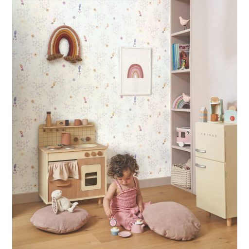 Tündéri egzotikus kis madarak a "virágos tető" alatt krémfehér sárgásbézs halványlila sárga és lila tónus tapéta