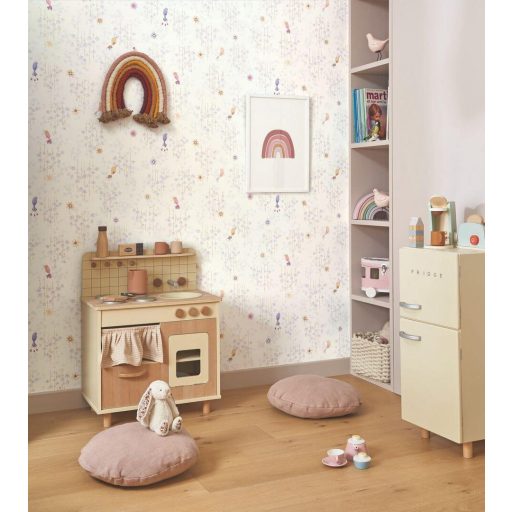 Tündéri egzotikus kis madarak a "virágos tető" alatt krémfehér sárgásbézs halványlila sárga és lila tónus tapéta