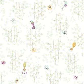   Tündéri egzotikus kis madarak a "virágos tető" alatt krémfehér mandulazöld türkiz sárga és lila tónus tapéta