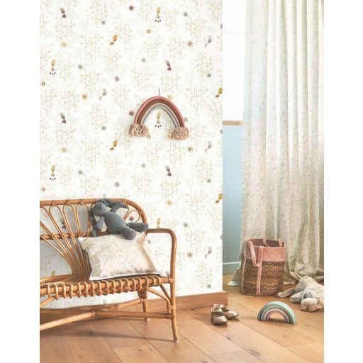 Tündéri egzotikus kis madarak a "virágos tető" alatt krémfehér mandulazöld türkiz sárga és lila tónus tapéta