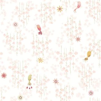   Tündéri egzotikus kis madarak a "virágos tető" alatt krémfehér rózsaszín zöld sárga és mályvapiros tónus tapéta