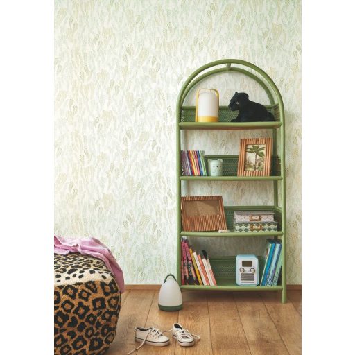 Kiegyensúlyozott minimál filigrán levél mintázat krémfehér krémfehér levélzöld és sárgászöld tónus tapéta