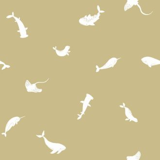   Cetfélék narválok bálnák ráják egy gyerekszobai élőhelyen olívzöld/sárgászöld és fehér tónus tapéta