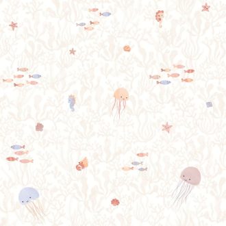   Szép kis kompánia! Korallok közt úszkáló halrajok csikóhalak tengeri csillagok és medúzák krém bézs rózsaszín lazac és kék tónus tapéta