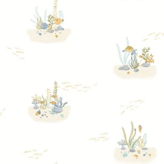   Korallok és virágállatok közt fesztelenül úszkáló halrajok fehér vízzöld és sokszínű tónus tapéta