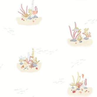   Korallok és virágállatok közt fesztelenül úszkáló halrajok fehér világoskék korallpiros és sokszínű tónus tapéta