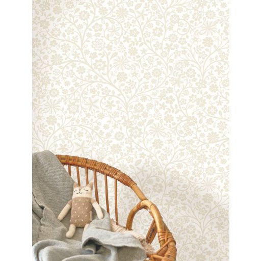 Kacskaringózó indákon friss és energikus kavargó levelek és virágok natur színek - fehér és bézs tónus tapéta