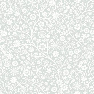   Kacskaringózó indákon friss és energikus kavargó levelek és virágok lágy kék/szürkéskék és fehér tónus tapéta