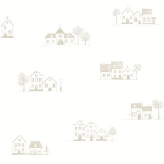   Mesebeli város bájos házikói - rajzos építészeti panoráma törtfehér és bézs/világosbarna tónus tapéta