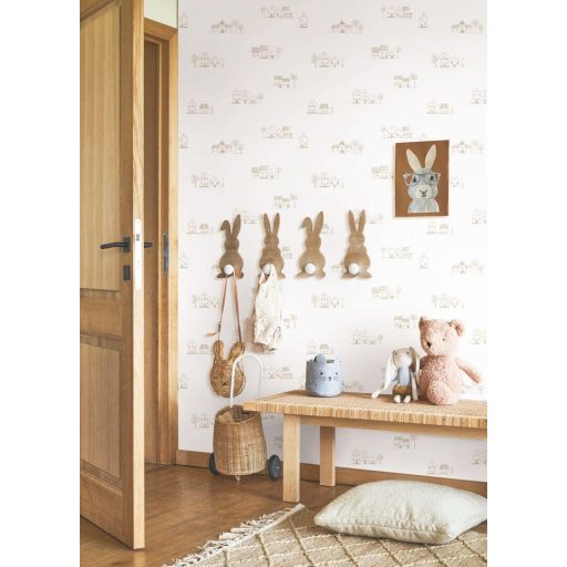 Mesebeli város bájos házikói - rajzos építészeti panoráma törtfehér és bézs/világosbarna tónus tapéta