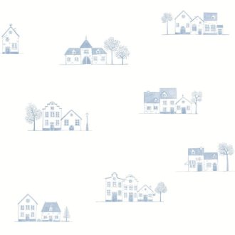   Mesebeli város bájos házikói - rajzos építészeti panoráma fehér és lágy kék tónus tapéta