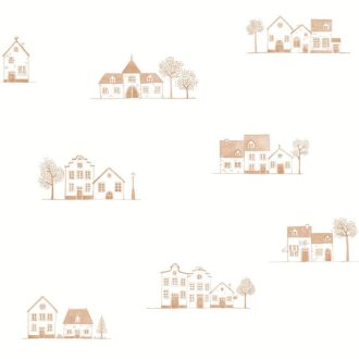   Mesebeli város bájos házikói - rajzos építészeti panoráma krémfehér és téglaszín/vörösesbarna tónus tapéta